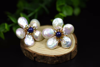 Natural Fresh Water Baroque Pearl Lapis Lazuli Flower Stud Earring