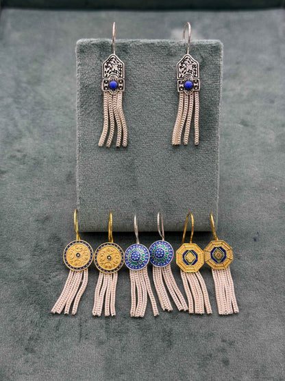 Pentagonal Tassel Silver Earrings