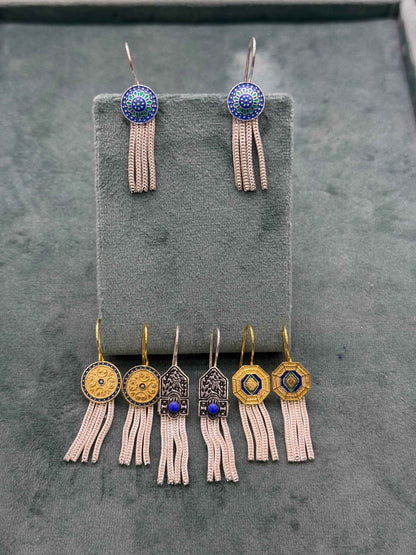 Round Domed Tassel Silver Earrings