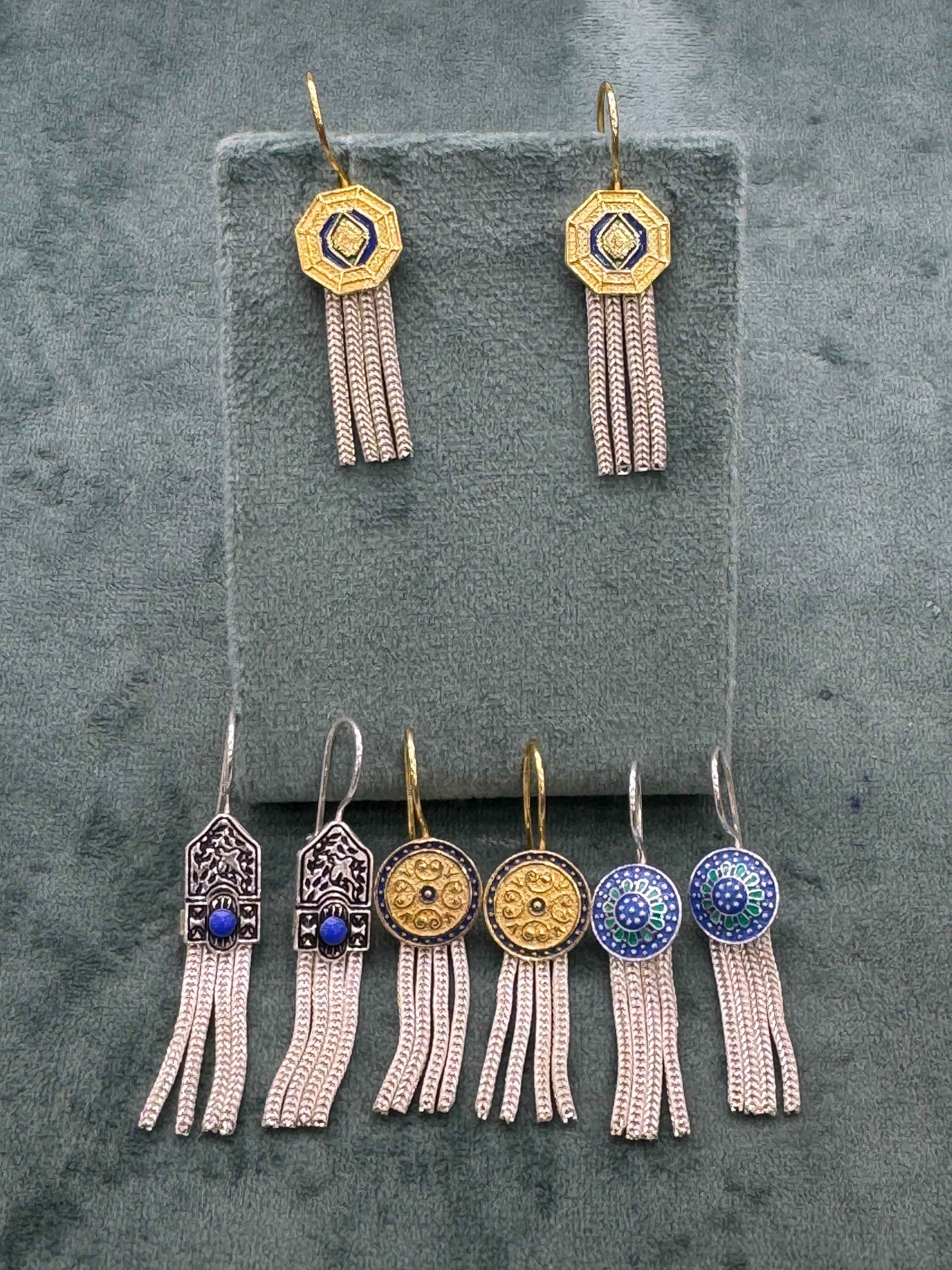 Octagonal Tassel Silver Earrings