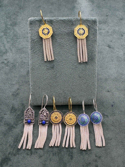 Octagonal Tassel Silver Earrings