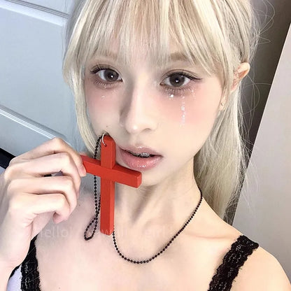 Gothic Wood Cross Choker Necklace