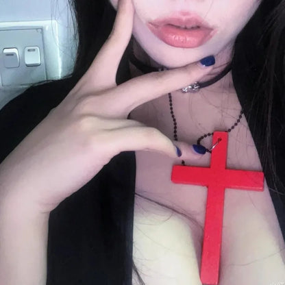 Gothic Wood Cross Choker Necklace