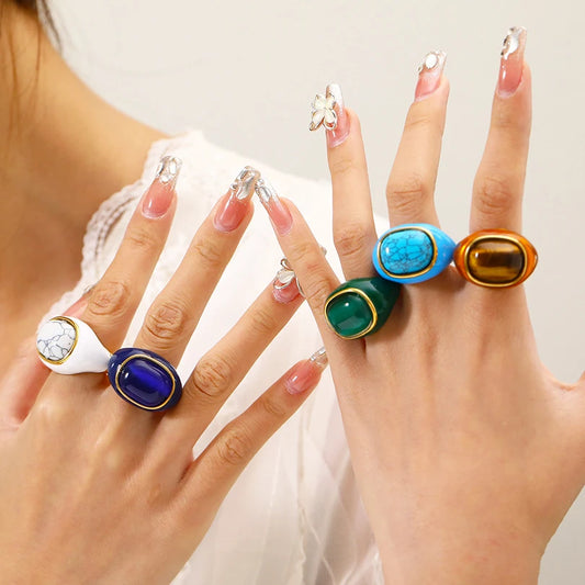 18K Gold Steel & Natural Stone Signet Ring