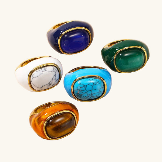 18K Gold Steel & Natural Stone Signet Ring