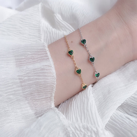 French Retro 925 Sterling Silver Three Lovely Emerald Gemstone Bracelet