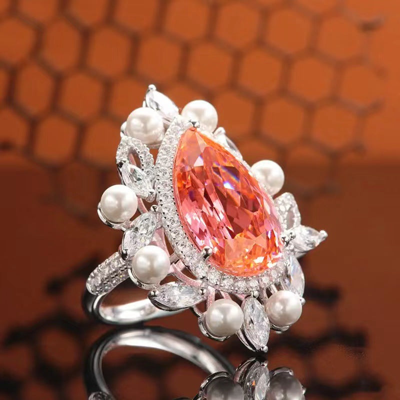 High Carbon Sunset Orange Water Drop Inlaid Ring