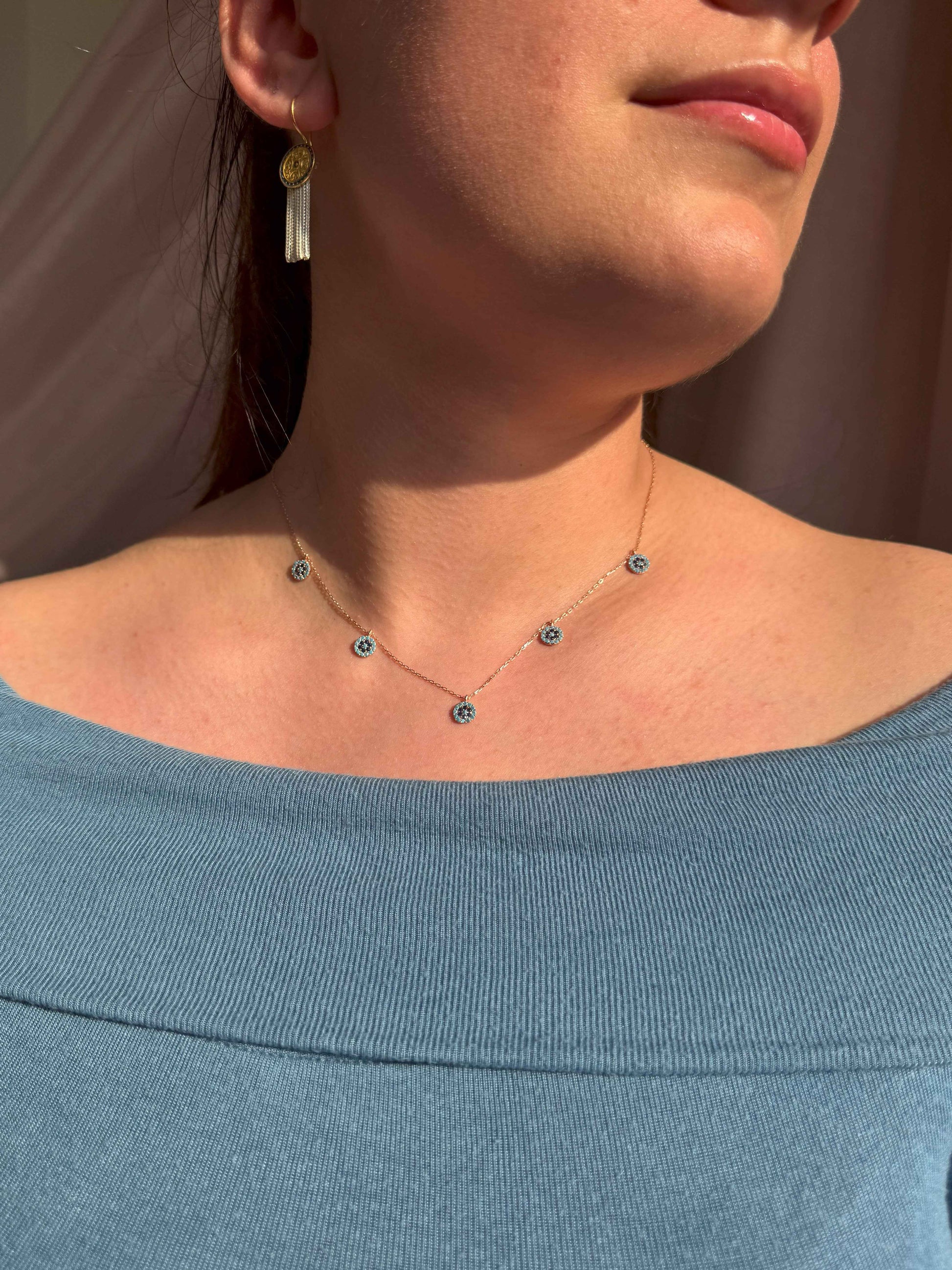 5 Turquoise Navy Circle Silver Necklace