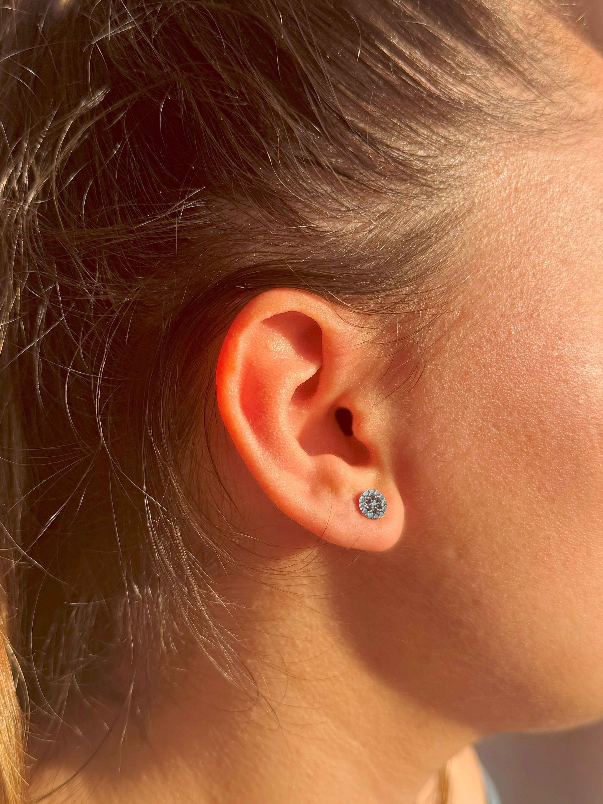 Mini Turquoise Navy Circle Silver Earrings