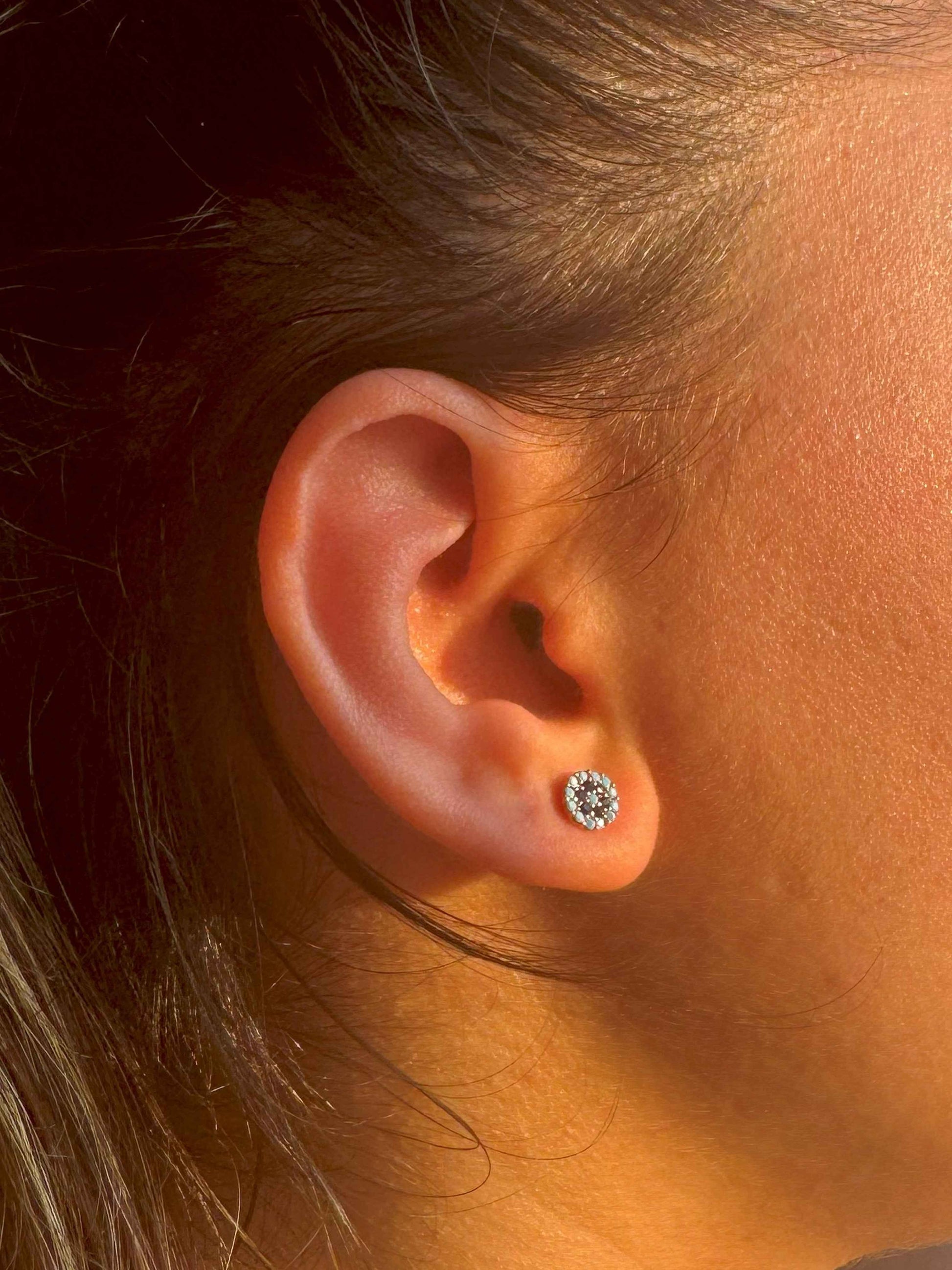 Mini Turquoise Navy Circle Silver Earrings