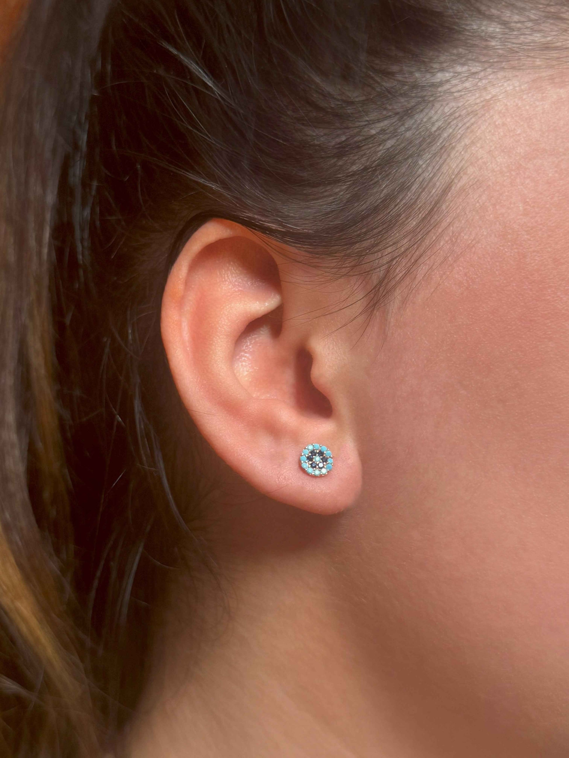Mini Turquoise Navy Circle Silver Earrings