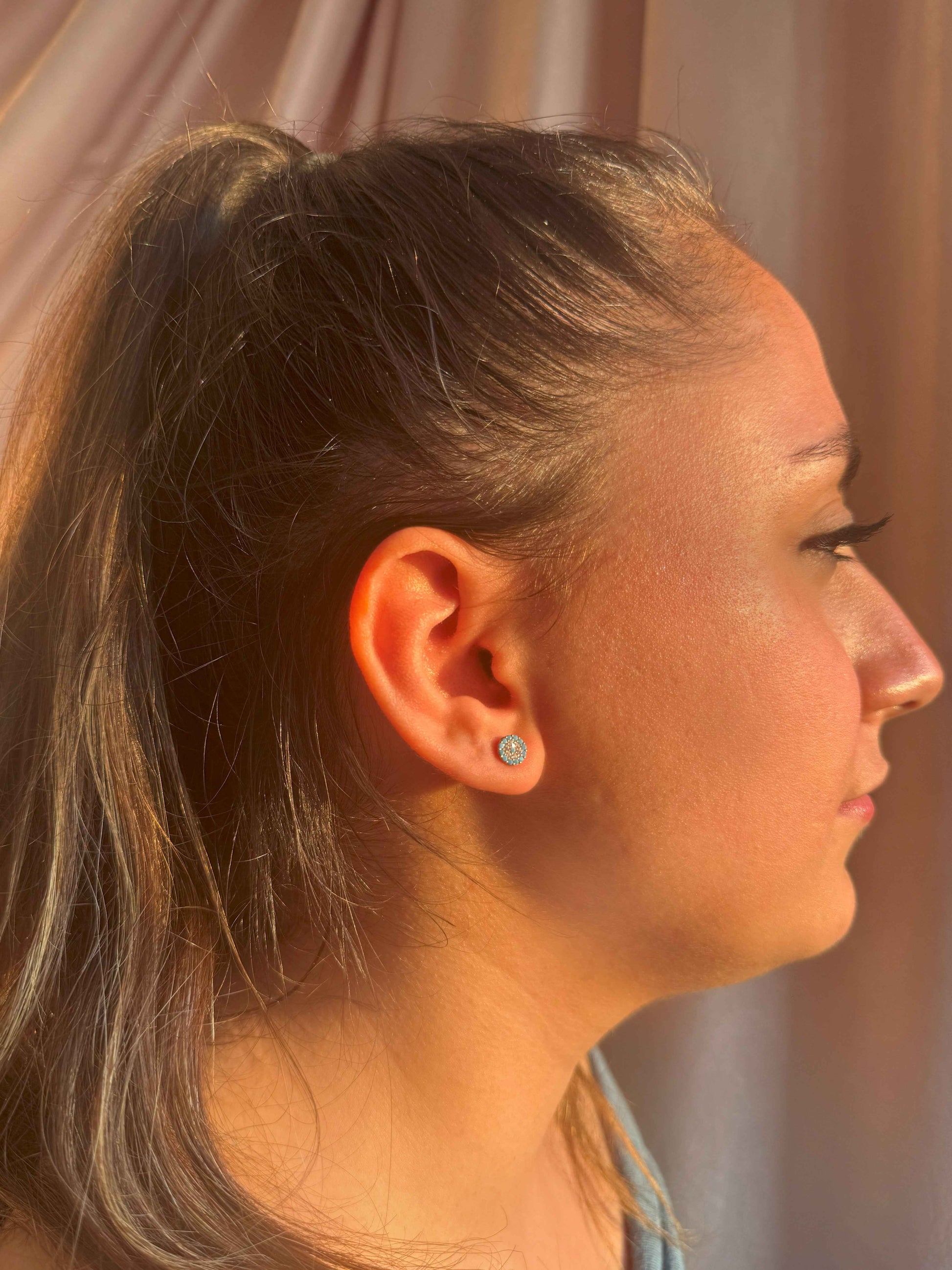 Mini Turquoise White Circle Silver Earrings