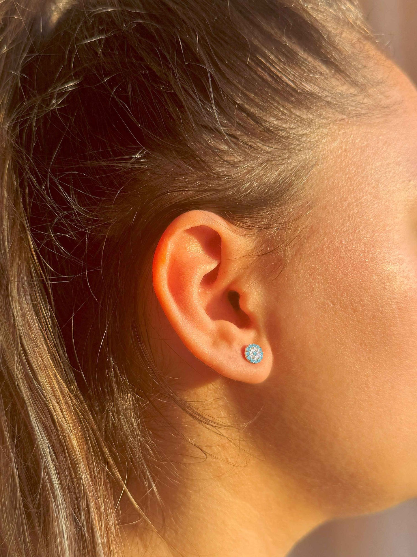 Mini Turquoise White Circle Silver Earrings