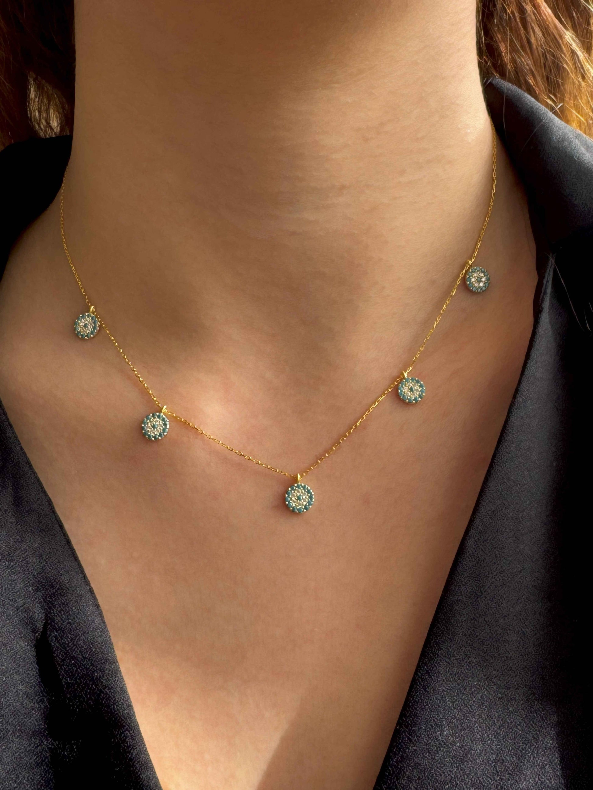 5 Turquoise White Circle Silver Necklace