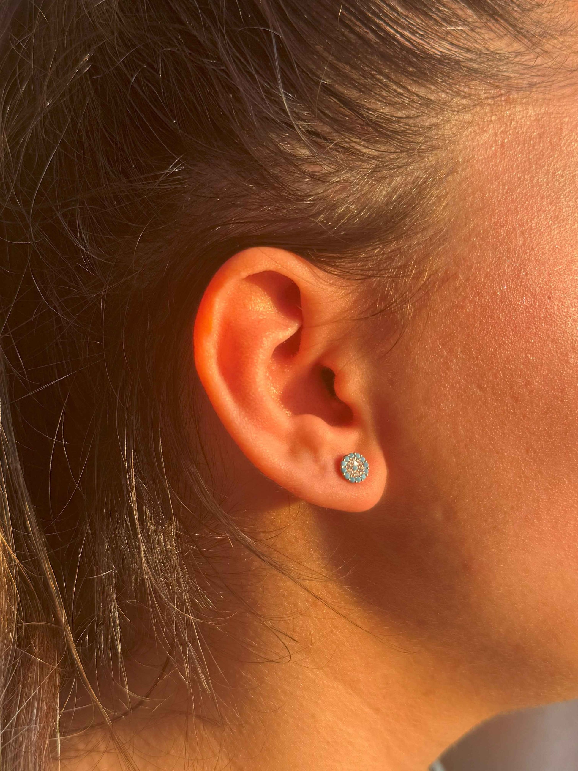 Mini Turquoise White Circle Silver Earrings