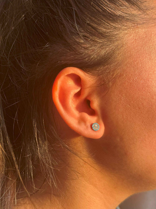 Mini Turquoise White Circle Silver Earrings