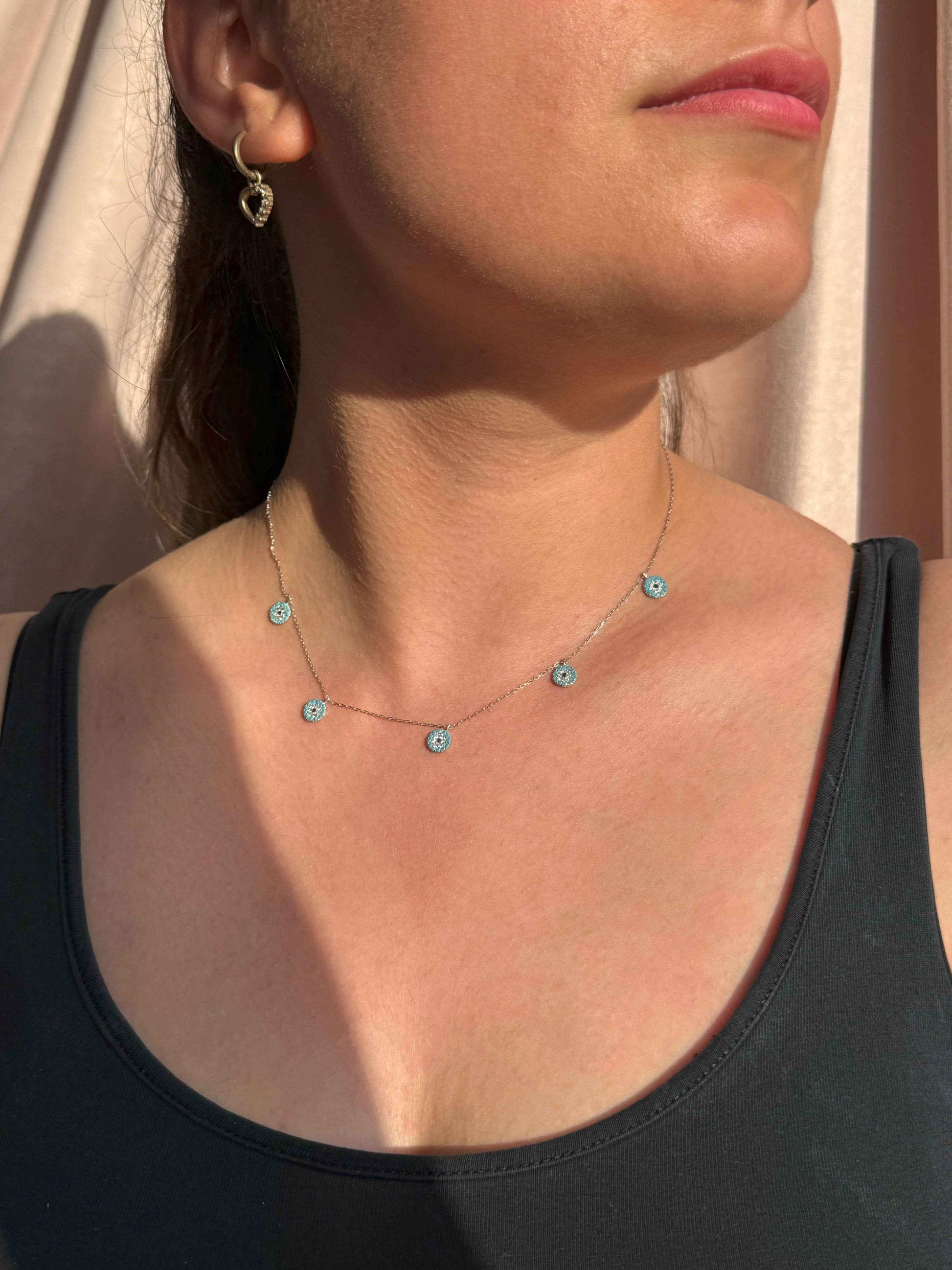 5 Turquoise White Navy Circle Silver Necklace