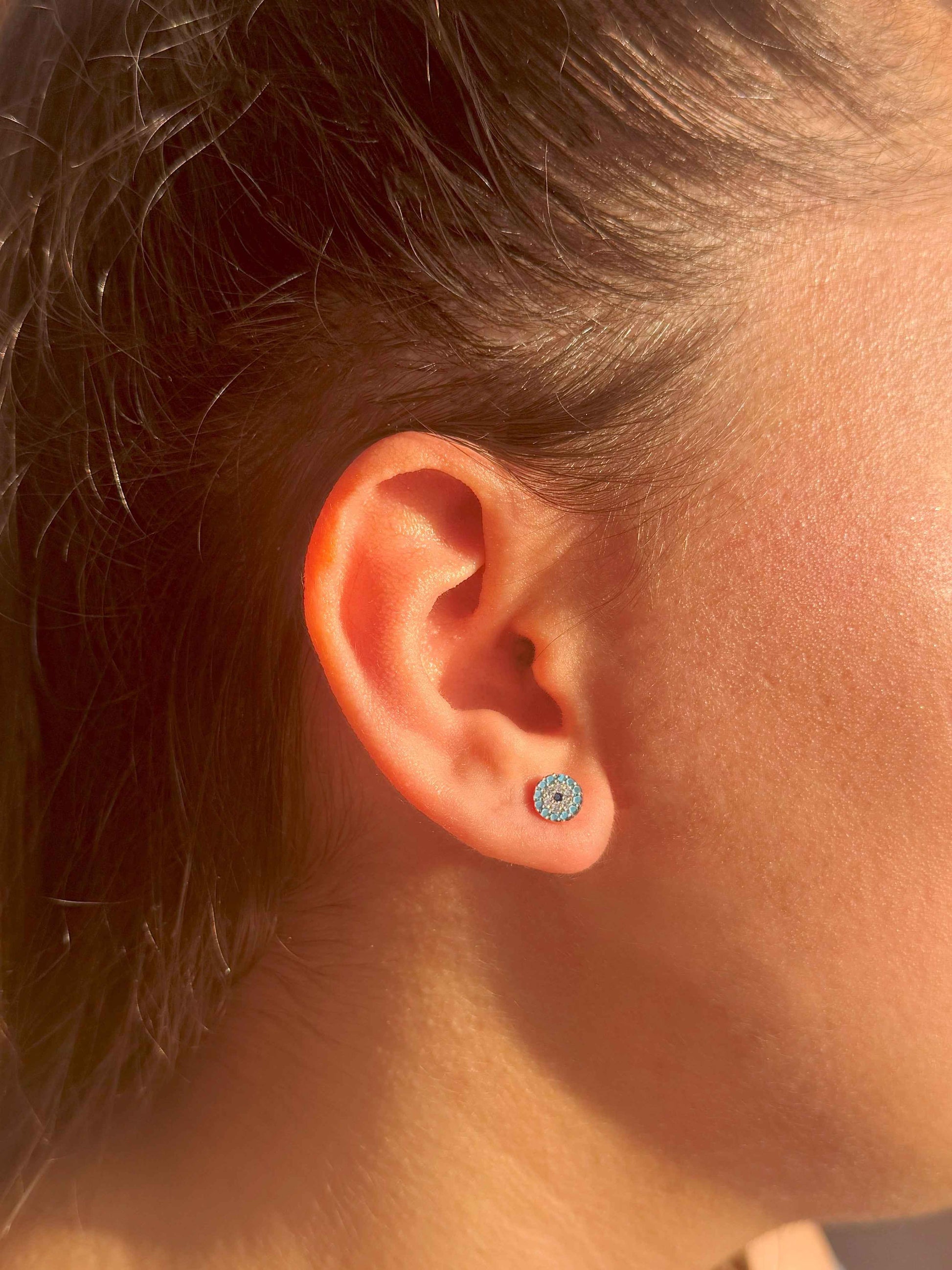 Mini Turquoise White Navy Circle Silver Earrings