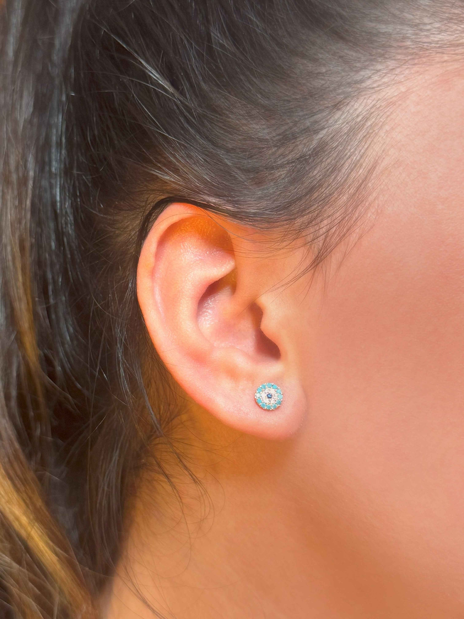 Mini Turquoise White Navy Circle Silver Earrings