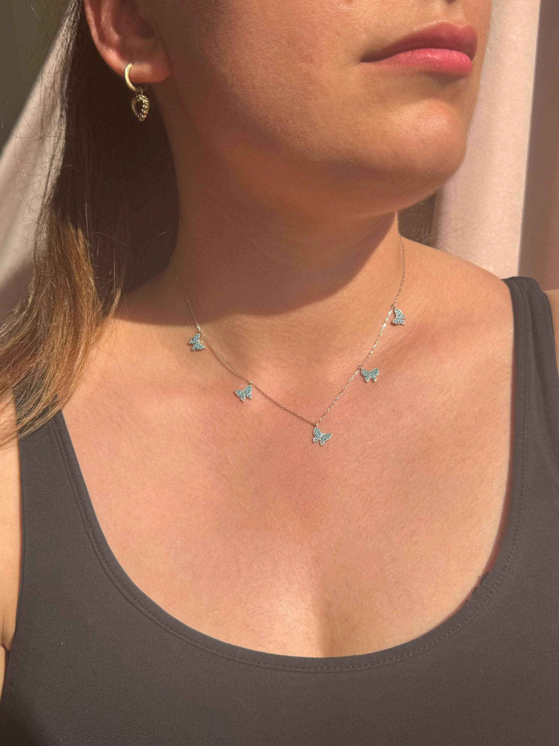 5 Turquoise Butterfly Silver Necklace