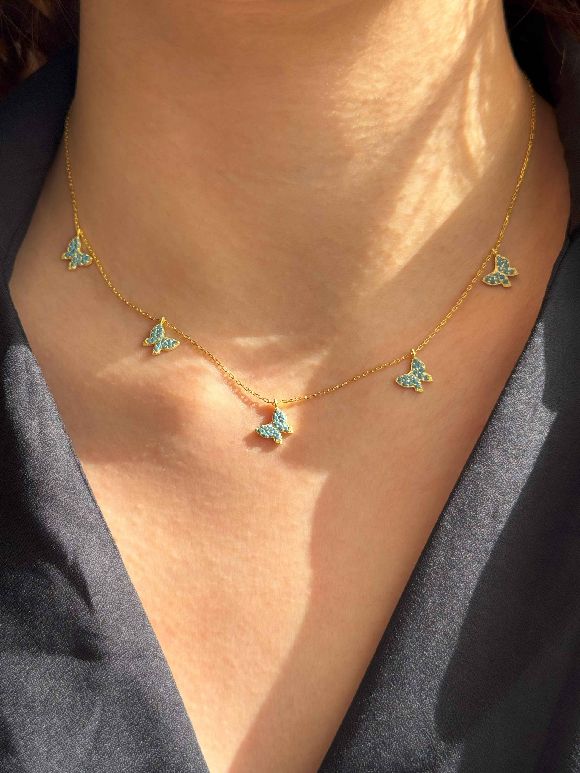 5 Turquoise Butterfly Silver Necklace