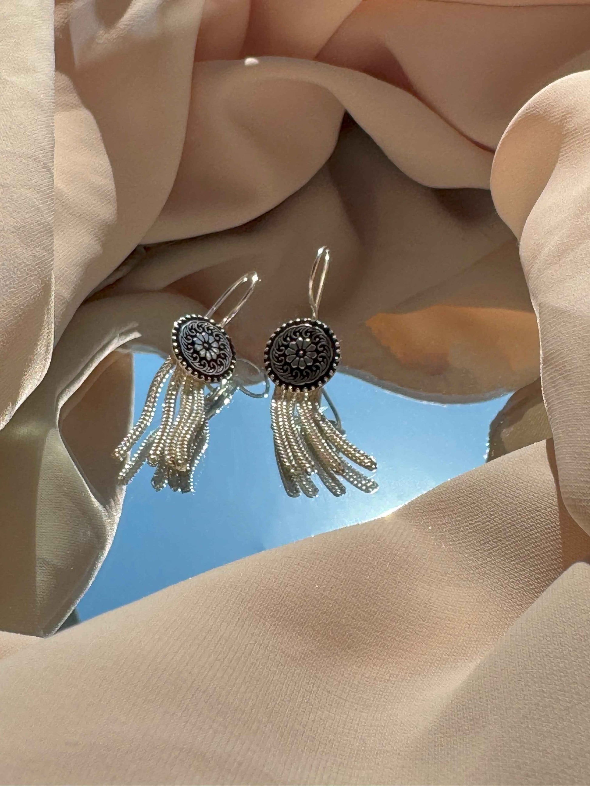 Round Flower Tassel Silver Earrings