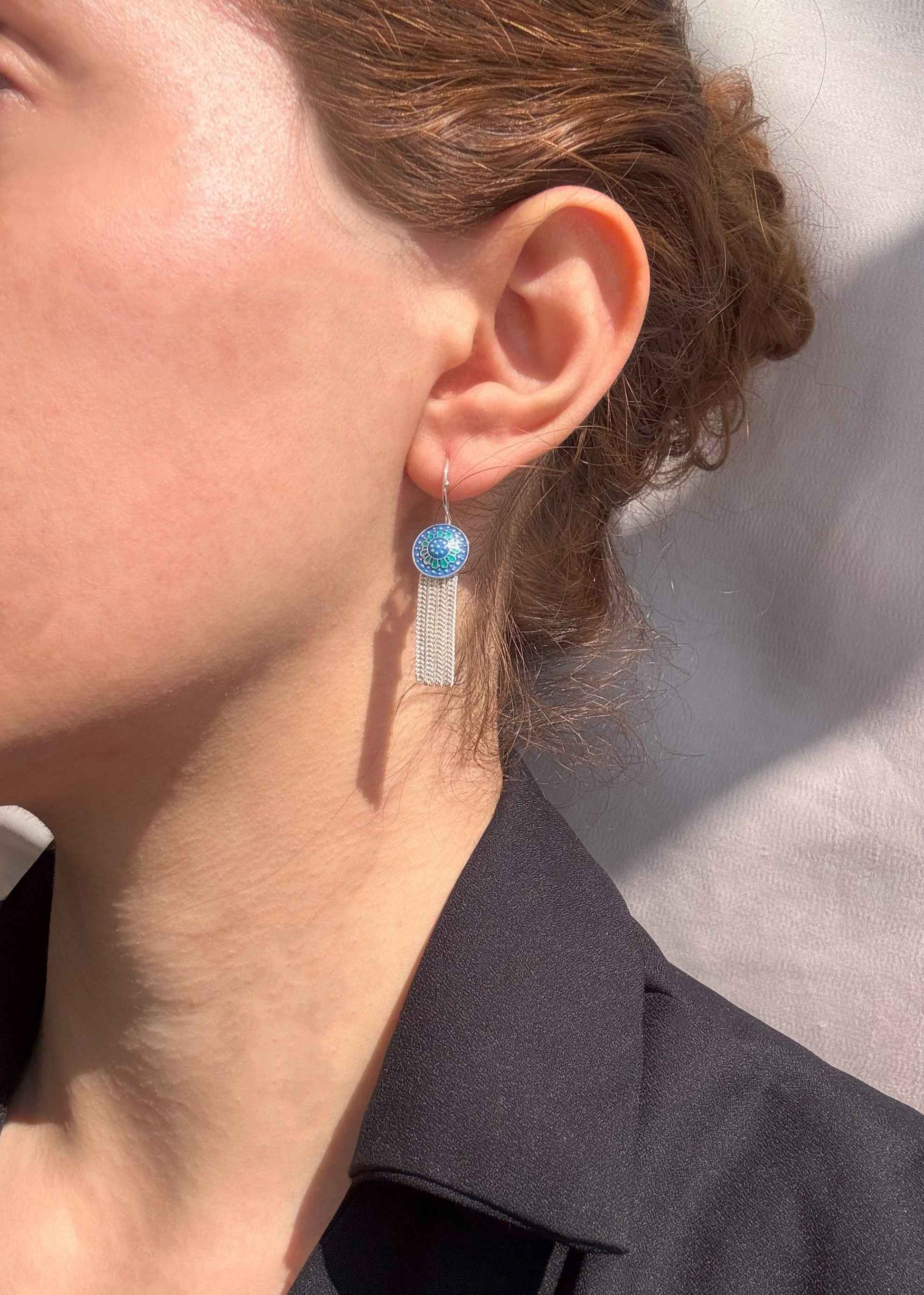 Round Domed Tassel Silver Earrings