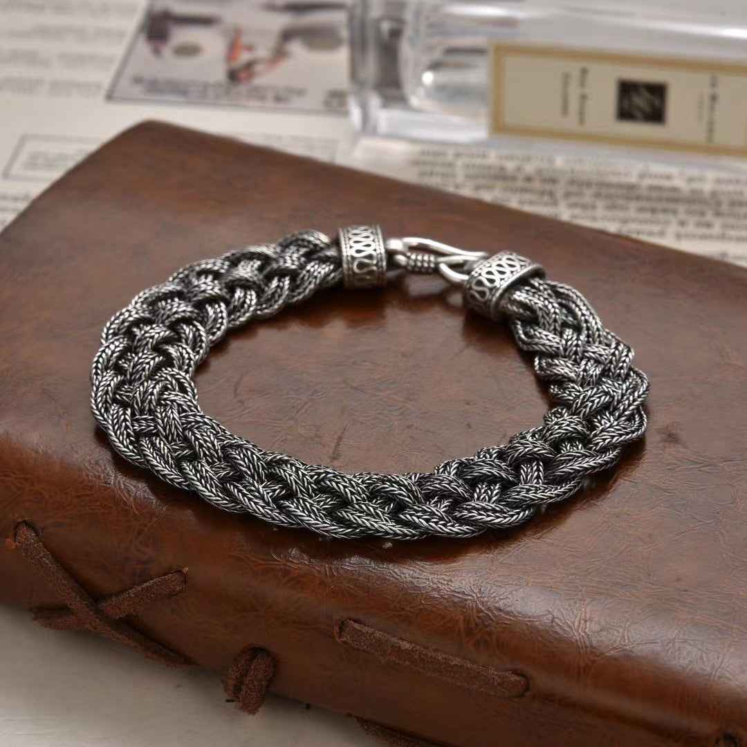 925 Sterling Silver Men's Vintage Hand-woven Double Braid Three-strand Horse Tail Bracelet