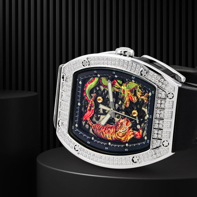 Men's Fashion Casual Automatic Mechanical Dragon Tiger Diamond-embedded Watch