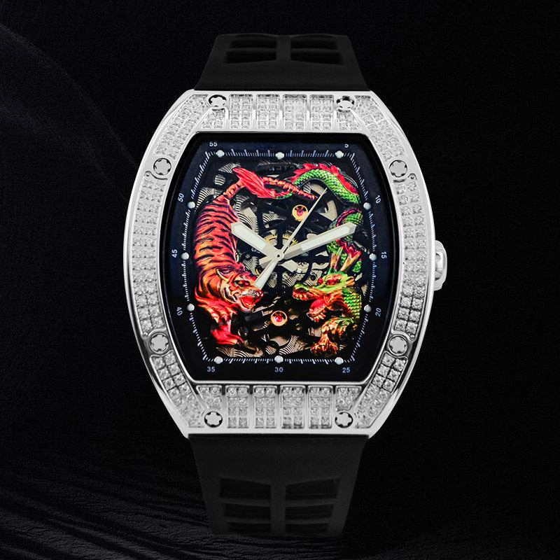 Men's Fashion Casual Automatic Mechanical Dragon Tiger Diamond-embedded Watch