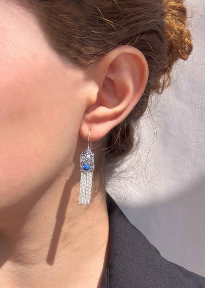 Pentagonal Tassel Silver Earrings