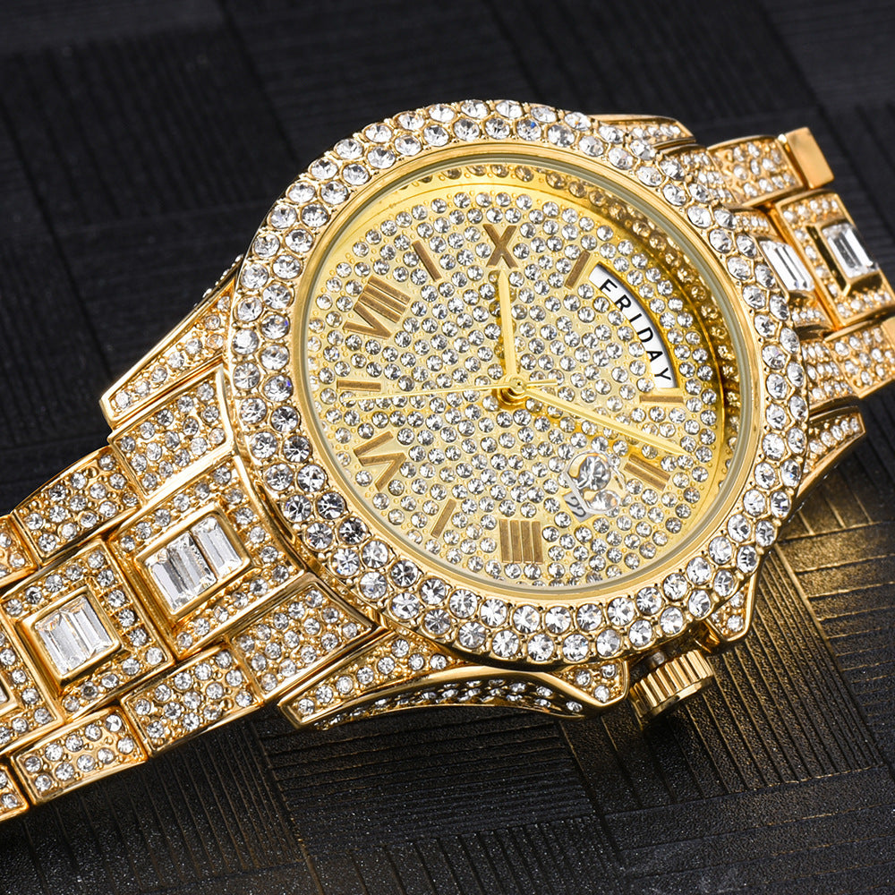 Outside The Watch Fashionable High-end Double Calendar Business Full Diamond Quartz