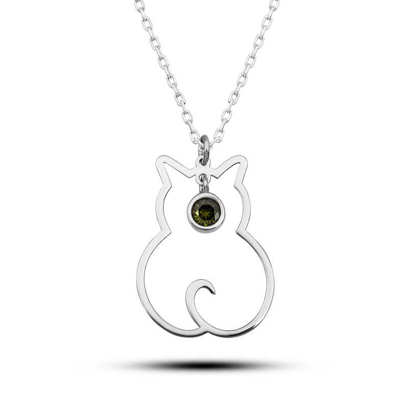 Collier en argent pour femme avec pierre de naissance d'août et chat