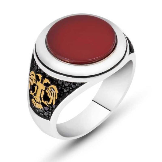 Agate Stone Double-Headed Eagle Men's Silver Ring
