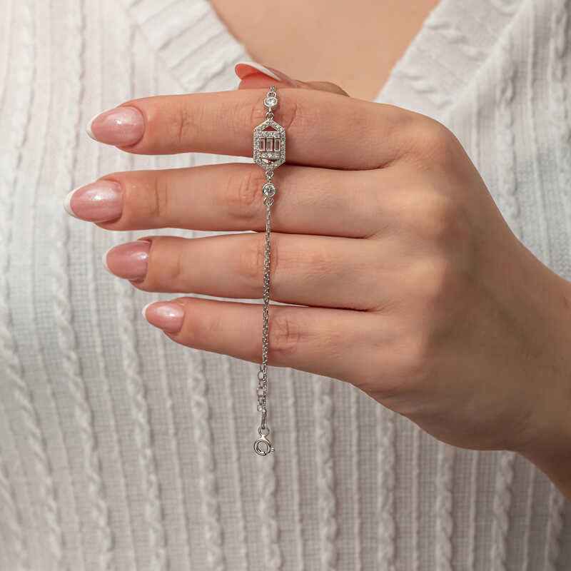 Hexagonal Baguette Stone Women's Silver Bracelet