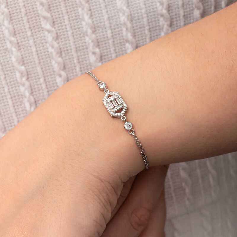 Hexagonal Baguette Stone Women's Silver Bracelet