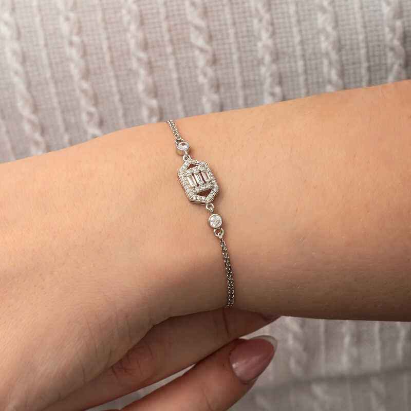 Hexagonal Baguette Stone Women's Silver Bracelet