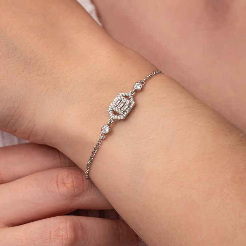 Hexagonal Baguette Stone Women's Silver Bracelet