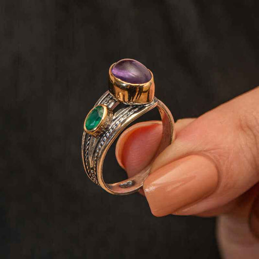 Amethyst and Emerald Stone Authentic Adjustable Women's Silver Ring