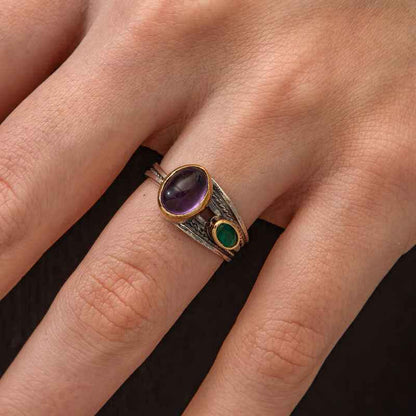 Amethyst and Emerald Stone Authentic Adjustable Women's Silver Ring