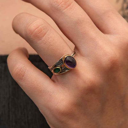 Amethyst and Emerald Stone Authentic Adjustable Women's Silver Ring