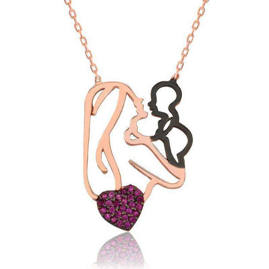 Heart-Shaped Mother and Child Silver Necklace