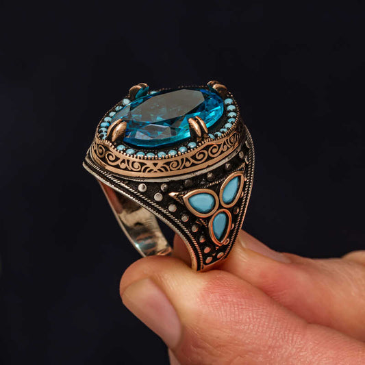 Aquamarine Stone Men's Silver Ring