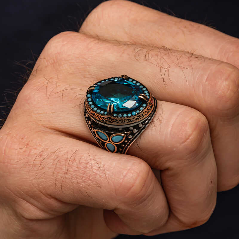 Aquamarine Stone Men's Silver Ring