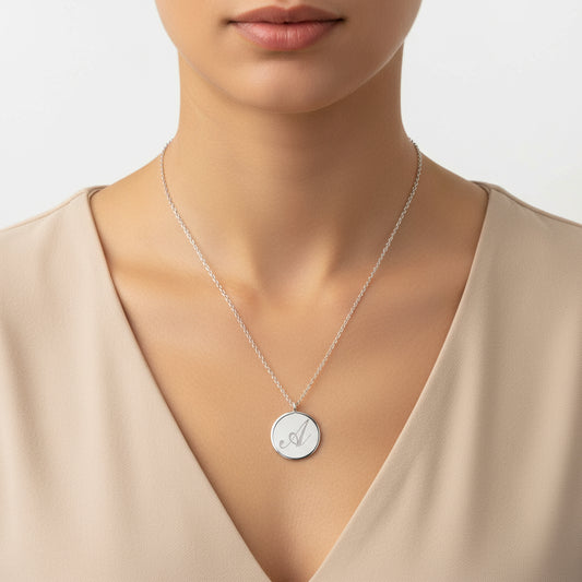 Letter Plate with Patterned Back Silver Necklace