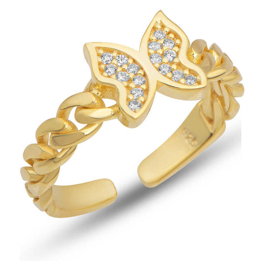 Bague réglable en argent avec papillon doré pour femme