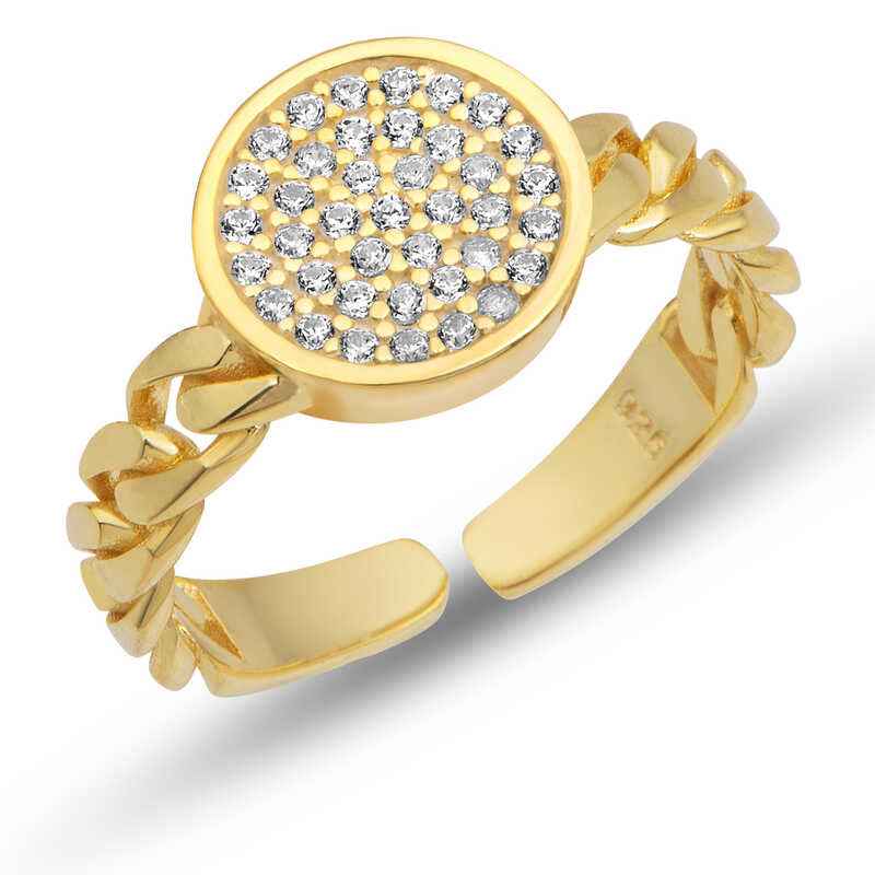 Adjustable Gold Plated Round Zircon Stone Women's Silver Ring