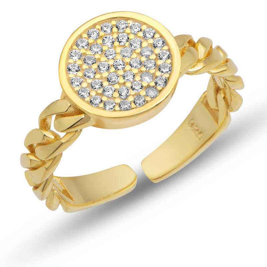 Adjustable Gold Plated Round Zircon Stone Women's Silver Ring
