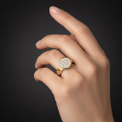 Adjustable Gold Plated Round Zircon Stone Women's Silver Ring