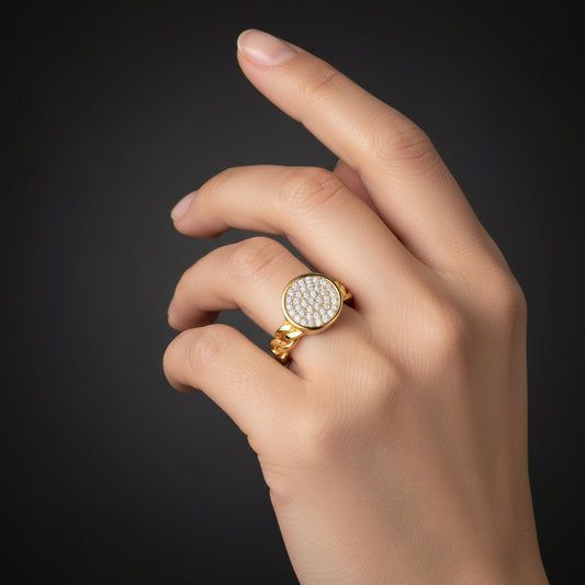 Adjustable Gold Plated Round Zircon Stone Women's Silver Ring